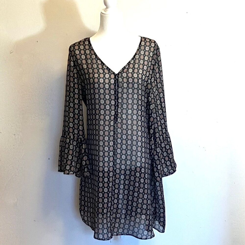 Tunic Flutter-Sleeved Dress, Size L, Sheer, Ese O Ese, Button Front, Geometric